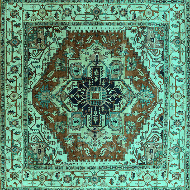 Tapis oriental tissé à la machine en turquoise / brun / bleu foncé, Carré 3 pi