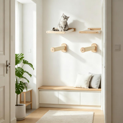 Étagères murales modernes en bois de chêne, ensemble mural d'escalade pour chat avec hamacs et plateformes de saut pour chats d'intérieur