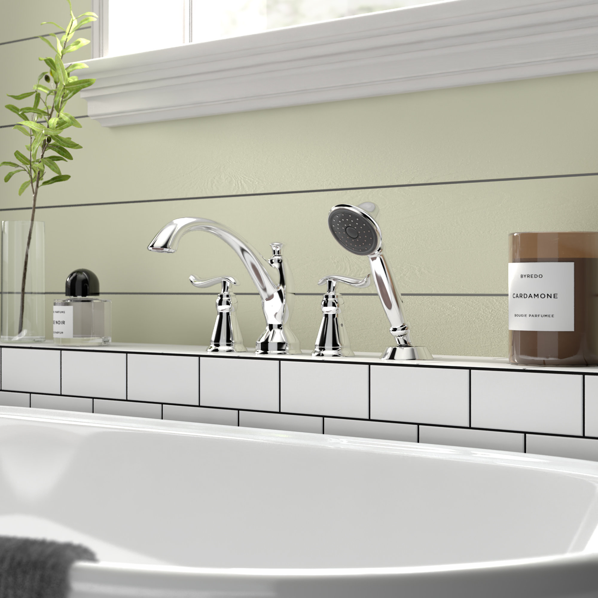 Linden Double Handle Deck Mounted Roman Tub Faucet Trim with Diverter and Handshower, Chrome