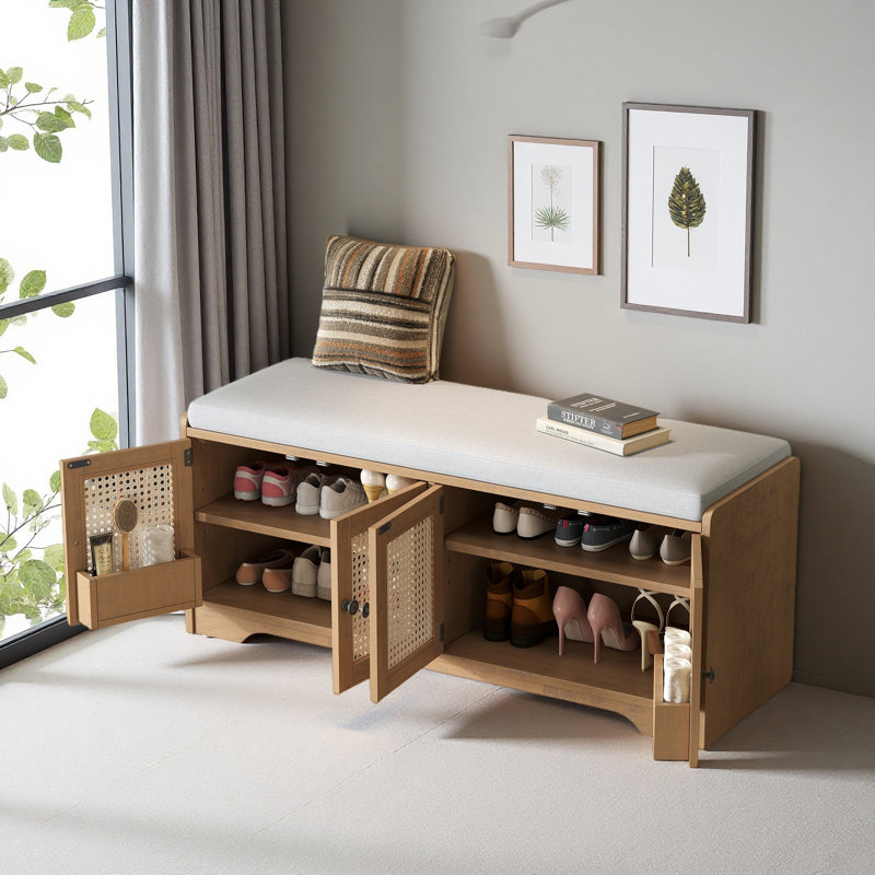 Rustic Storage Bench Multifunctional Wood Entryway Shoe Bench With Removable Cushion, Woven Rattan Doors, Brown
