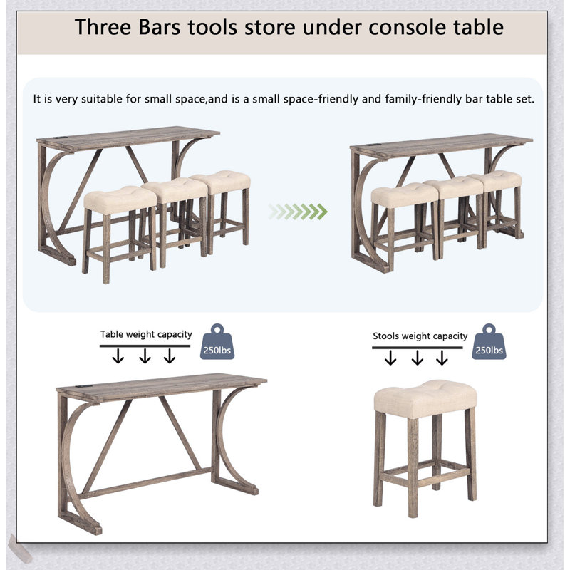 Ensemble de table de bar 4 pièces avec prise de courant, tabourets rembourrés pour les salons et salles à manger modernes, idéal pour les petits espaces et les usages multiples