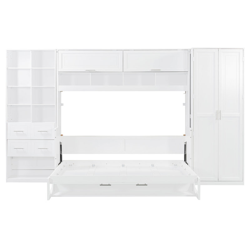 Lit escamotable double pleine grandeur avec placard, tiroirs et tablettes - Économie d'espace, blanc