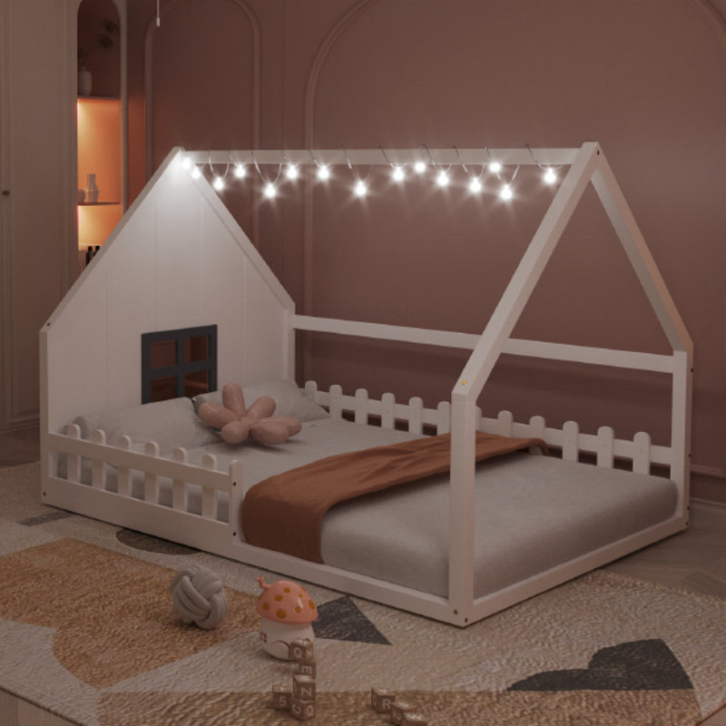Full Size Wood House Bed With Window And Fence, Bed Frame, White