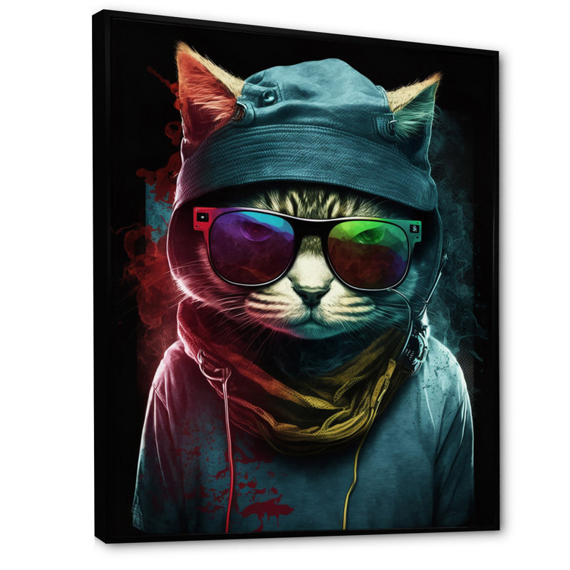 Art mural sur toile, "Bohemian Cat With Sun lunettes IV", H 32 po x l 24 po x P 1 po, Toile avec cadre flottant noir