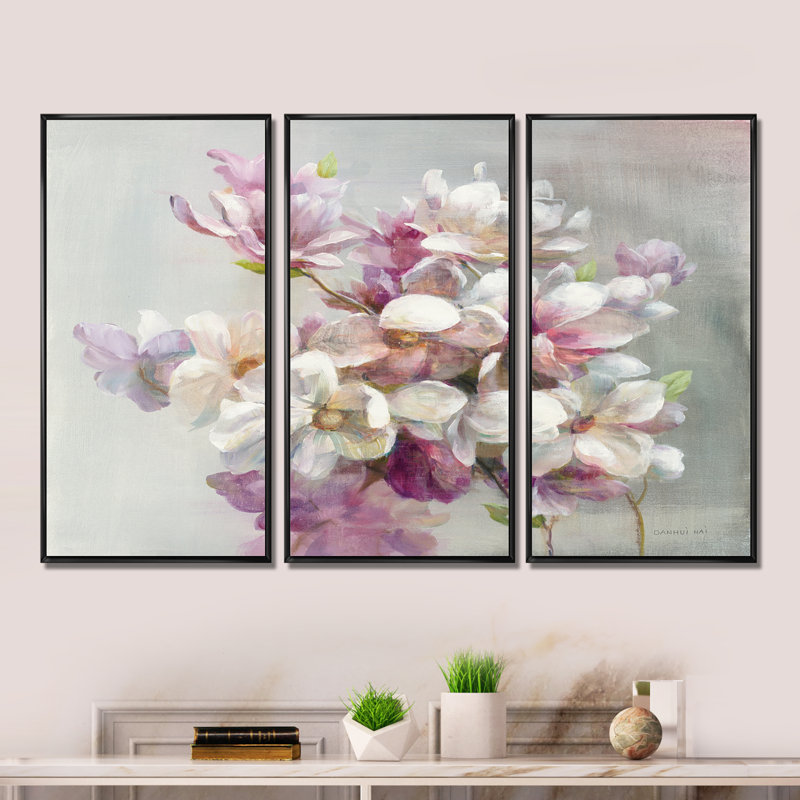 Fleurs de magnolia roses - ensemble d'art mural encadré sur toile Shabby Elegance, ensemble de 3, H 28 po x l 36 po x P 1 po