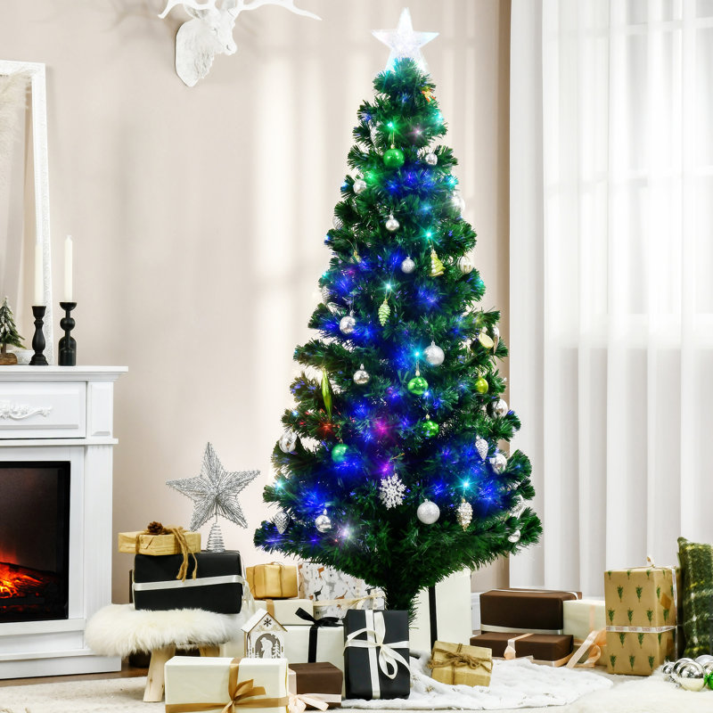 6' Tall Douglas Fir Pre-Lit Artificial Christmas Tree With Realistic Branches, 24 Multi-Colour LED Lights, Fibre Optics And 230 Tips