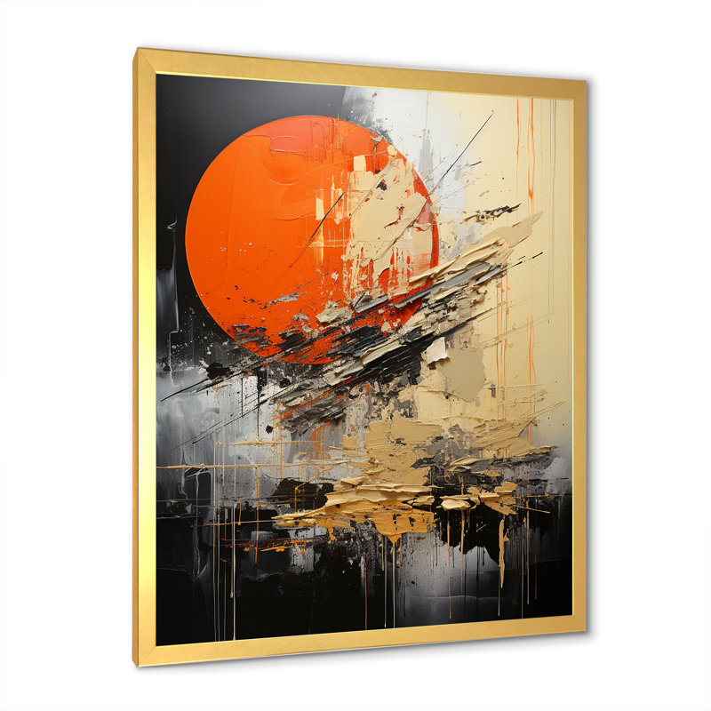 Forme de lune orange - art mural abstrait, Encadrement doré, H 20 po x l 12 po x P 1 po