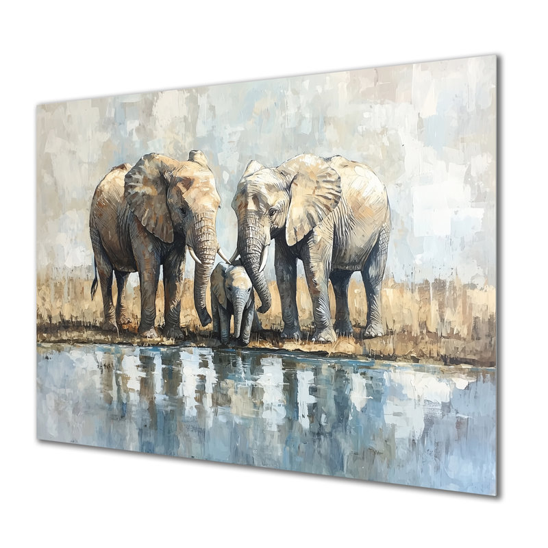«Elephant Family At The Watering Hole II», impression murale en métal, éléphant, H 30 po x l 40 po