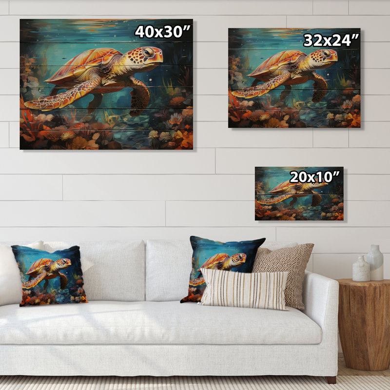 Tortue verte et bleue, impression d'une symphonie sous-marine sur bois, H 10 po x l 20 po x P 0,78 po