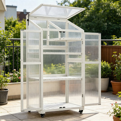 62" Wooden Greenhouse With Wheels, Tall Cold Frame Cabinet With Adjustable Shelves, Polycarbonate Panels, Portable Indoor Outdoor Plant Greenhouse For Balcony Patio