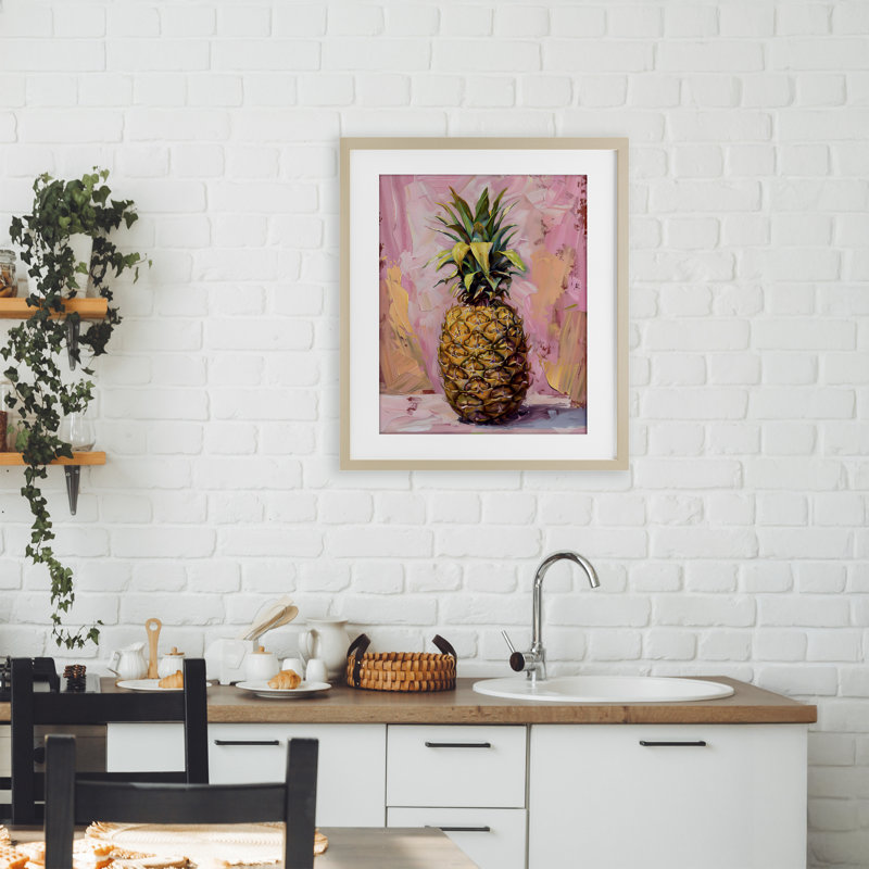 «Pineapple Bliss over Pink», reproduction encadrée sous verre, design par LSR Design Studio, Cadre de récolte en pin
