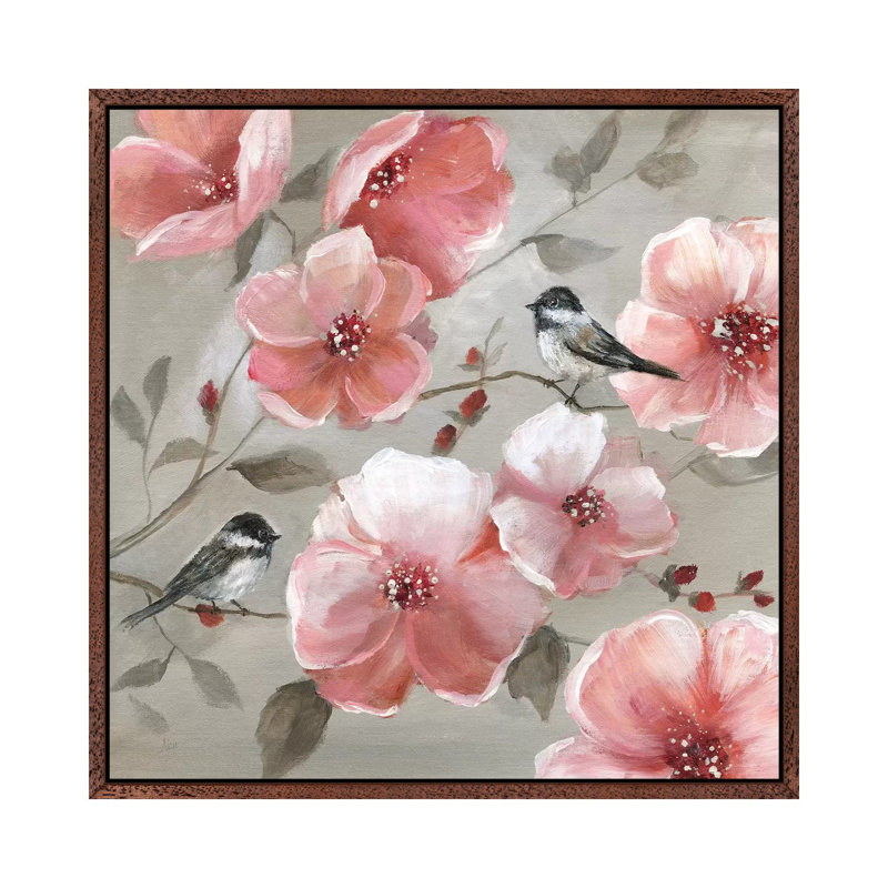 Chickadee Spring II by Nan - Painting on Canvas, 93.98 cm H x 93.98 cm W, Classic Brown Wood Framed
