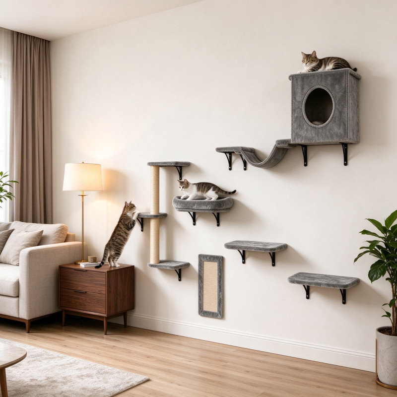 Étagères et perchoirs muraux pour chats avec plateformes de saut, hamac, canapé, arbre à chat et support pour chat. Mobilier mural pour chats pouvant supporter jusqu'à 18 kg, idéal pour dormir, jouer et grimper. Ensemble de 6.