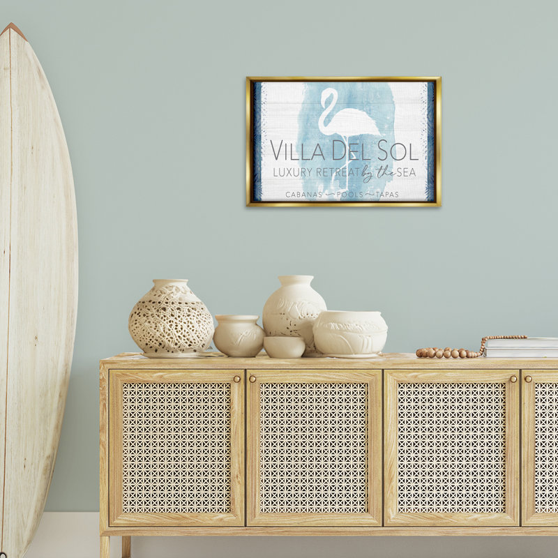 «Beach Retreat Flamingo Sign», toile encadrée brune par PDR, LLC., Cadre flottant métallique doré, H 17 po x l 25 po
