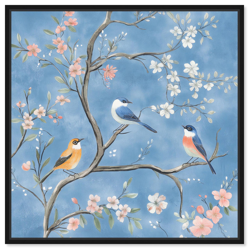 Décoration murale en toile oiseaux dans les branches II par , H 13 po x l 13 po, Cadre flottant noir
