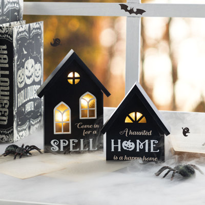 2-Piece 8"H Lighted Halloween Wooden Hauted House Table Decor