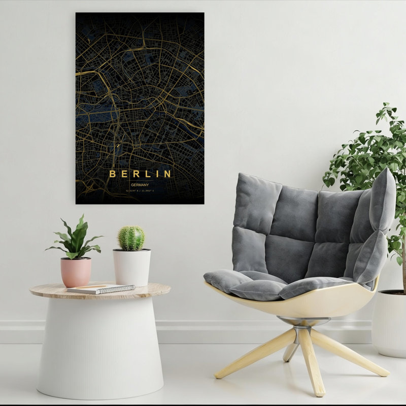 Carte de Berlin dorée abstraite, architecture géométrique élégante, art mural ville, H 36 po x l 24 po