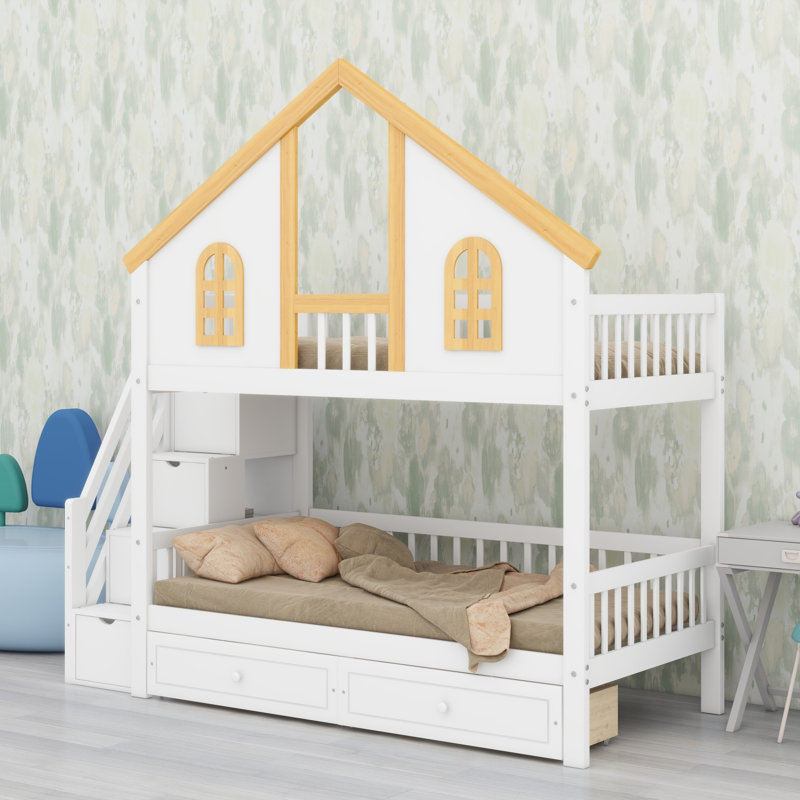 Lit superposé pour enfants avec toit de maison, fenêtre, porte, escalier et tiroirs de rangement