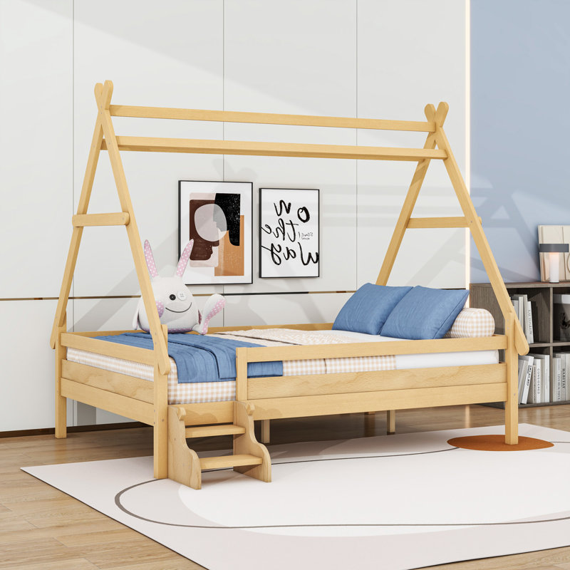 Lit en bois en forme de maison avec lattes, Naturel