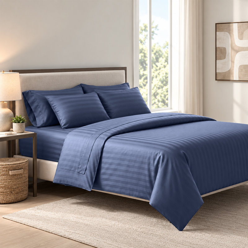 Microfiber Striped Duvet Cover Set with Pillowcases Included, Single Duvet Cover + 2 Additional Pieces, Washed Blue, 3