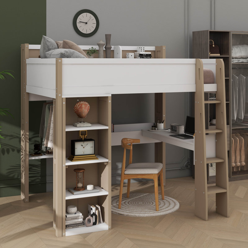 Full Size Loft Bed Complete With Shelving Units, Clothing Rods, And Work Area, Natural