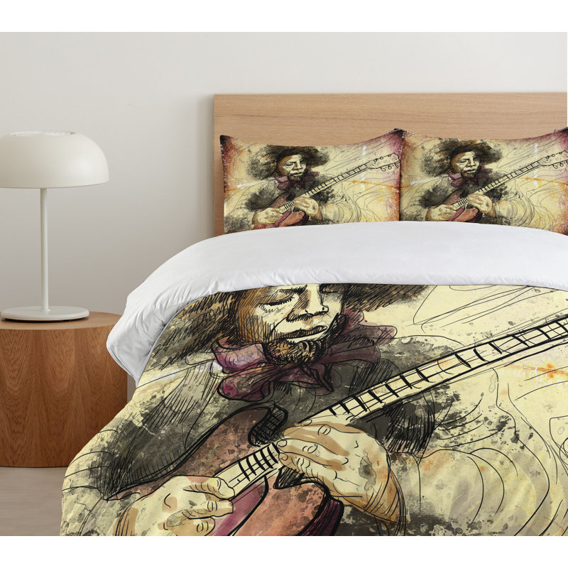 Jazz Guitar Virtuoso Hand Drawn Queen Duvet Cover Set
