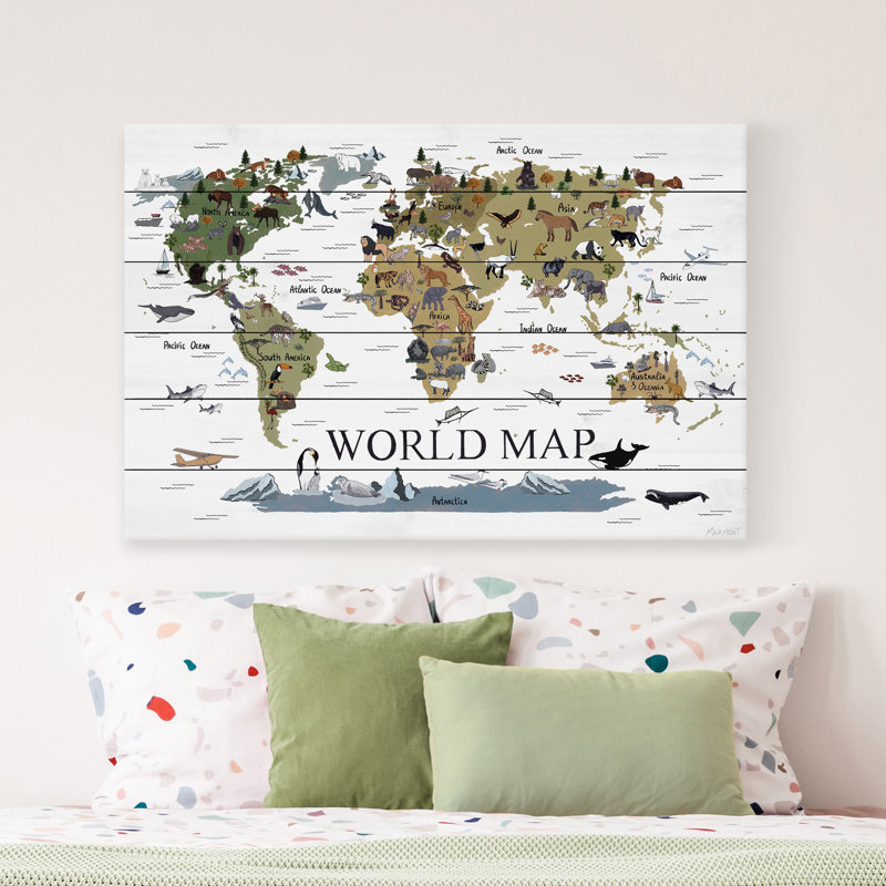 «Carte du monde des animaux», reproduction sur bois blanc, H 8 po x l 12 po x P 1,5 po