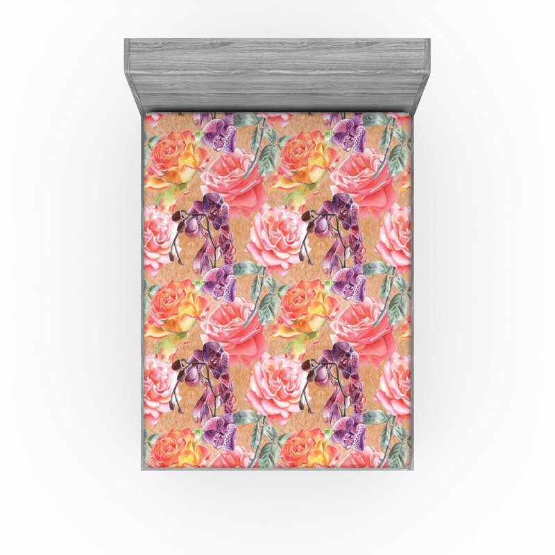 Drap-housse vintage Ambesonne, Pêche foncé et corail / motif floral prune, Drap-housse grand