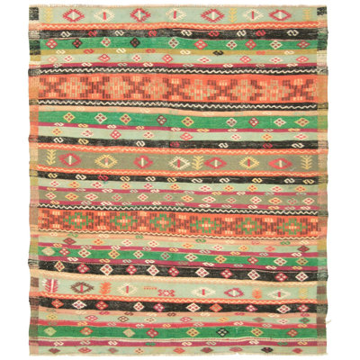 Tapis carré unique en laine noué à la main de style années 1960 de 5 pi 1 po x 6 pi rouge / brun / gris / vert