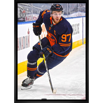 Connor McDavid Edmonton Oilers Skating with Puck - Framed Canvas Hockey Wall Art, 20x29 NHL Man Cave Decor