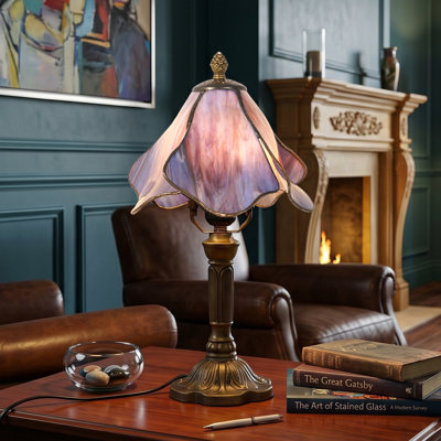 14.57in Blue Petal Flower Base Table Lamp, Antique Bronze Resin & Glass Accent Lamp, with E26 Warm Bulb Included