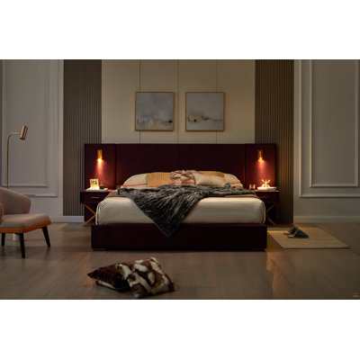 King Size Velvet Bed Frame/Vertical Channel Tufted Wingback Headboard/Upholstered Platform Bed/Strong Wooden Slats/No Box Spring Needed/Easy Assembly