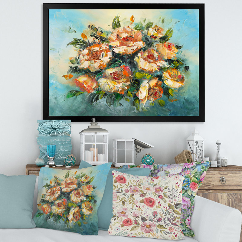 Bouquet de fleurs rétro rose foncé - peinture sur toile, H 24 po x l 32 po x P 1 po, Cadre photo noir