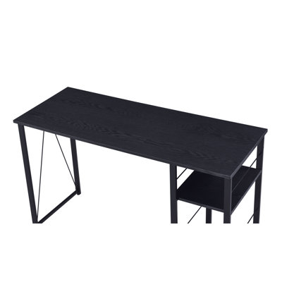 Rectangular Desk In Black Finish, 2 Tier Shelf, Robust Metal Base For Work Writing Black, Open Office Setup