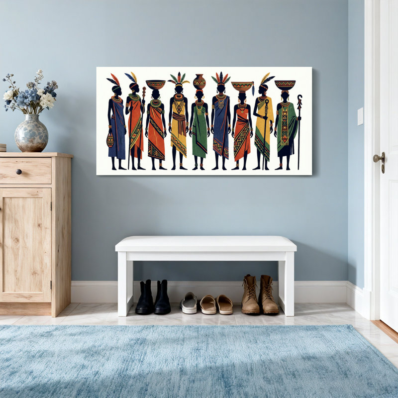 Personnages tribaux abstraits en tenue traditionnelle, H 28 po x l 58 po