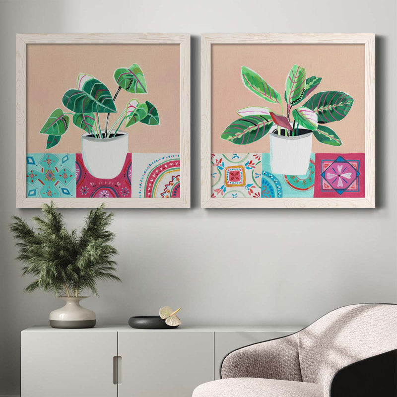 «Growing Happy I», ensemble de 2 peintures sur toile encadrées, H 31,5 po x l 63 po x P 1,5 po, Cadre blanc