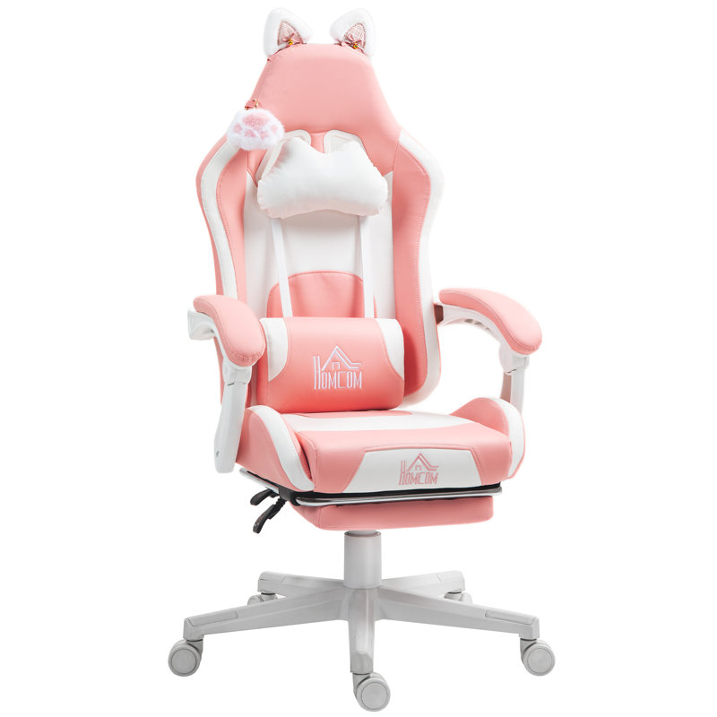 Racing Gaming Chair with Cat Ears, Reclining Faux Leather Computer Chair with Footrest, Pink