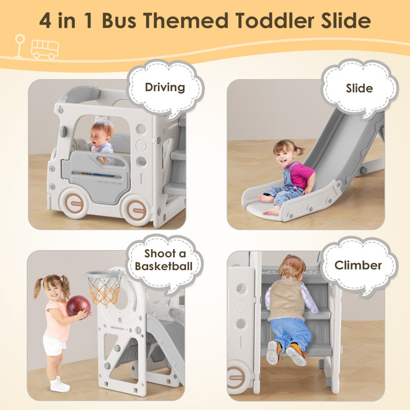 4 in 1 Toddler Slide, Kids Slide with Climber and Bus Playhouse Outdoor Indoor Slide Playset