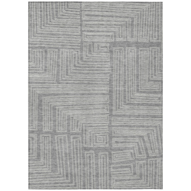 Tapis extérieur lavable à motif géométrique gris et ivoire 10 pi x 14 pi