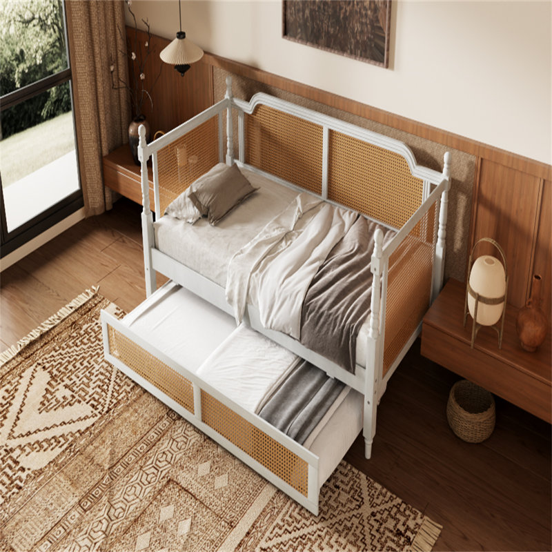 Traditional Style Rattan Daybed with 2 Drawers, Twin, White