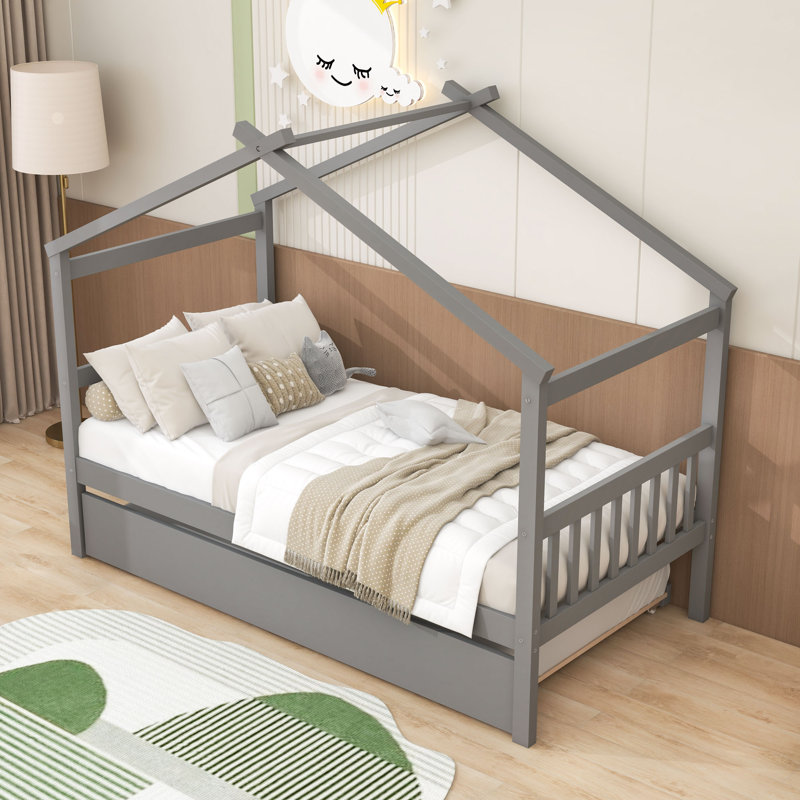 Wood Daybed with Twin Size Trundle, Legs and Slats, Gray, Twin