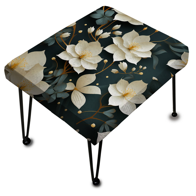 Repose-pieds rectangulaire blanc et sarcelle avec motif zen et lotus