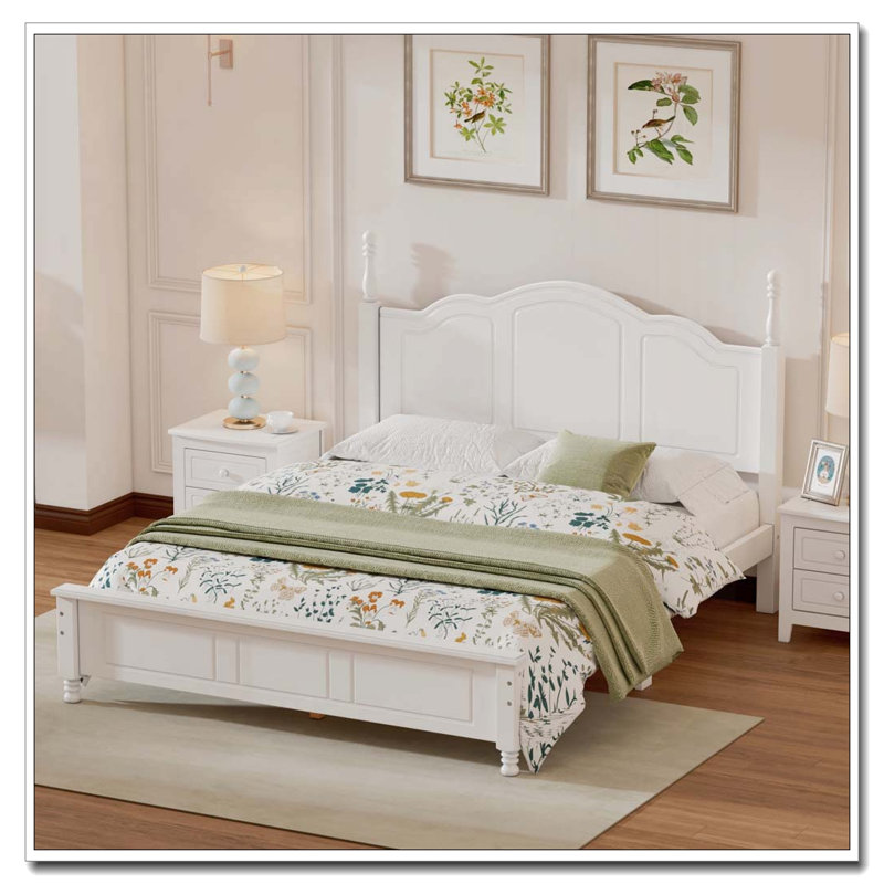 Grand lit plateforme rétro en bois avec support en lattes de bois, Blanc