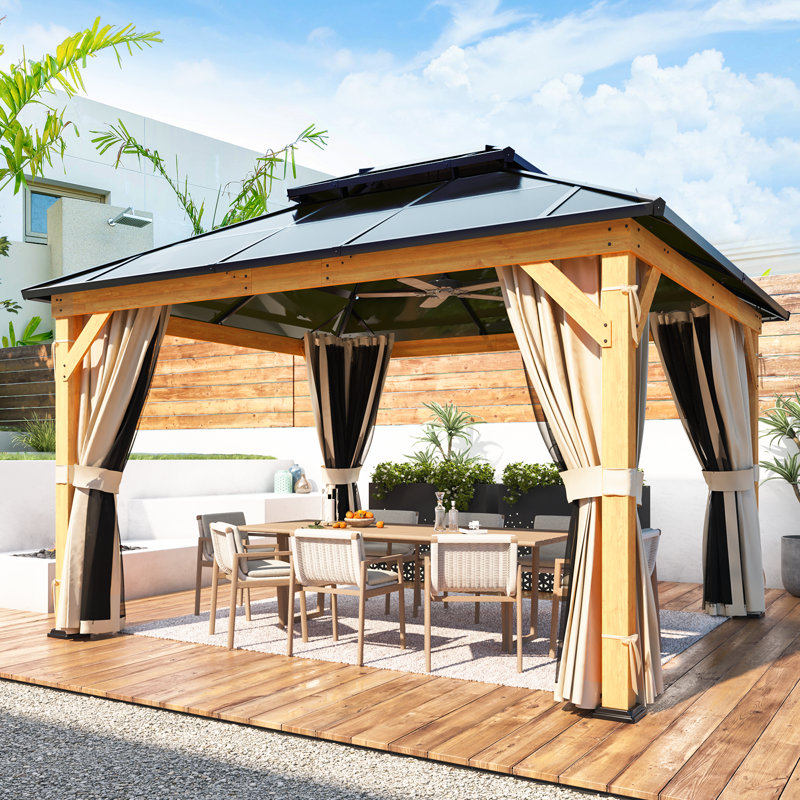Gazebo en bois à toit rigide de 3,35 m x 3,96 m avec toit double couche, rideaux et moustiquaire, pavillon extérieur spacieux avec crochets pour terrasse, jardin et cour arrière