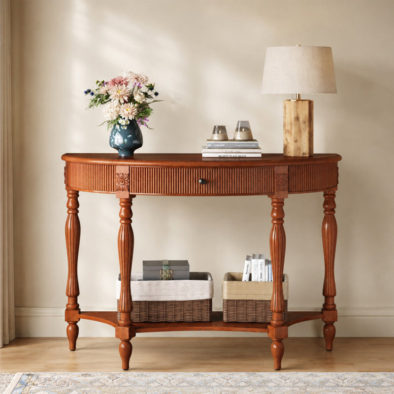 Console rustique vintage en forme de demi-lune avec tiroir et tablette ouverte, Walnut