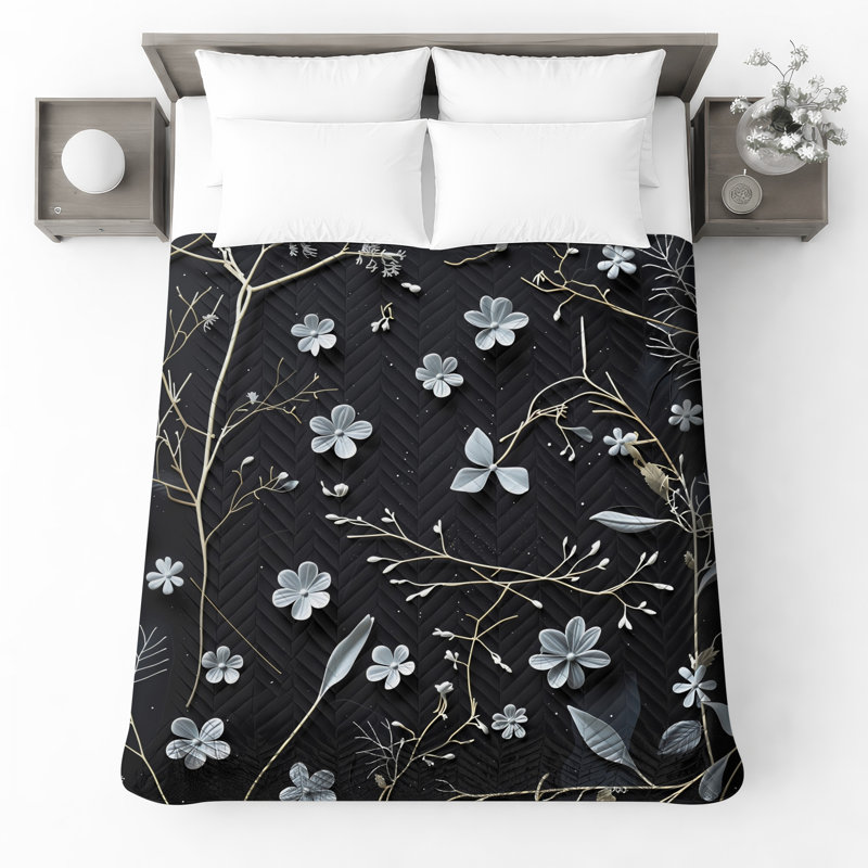 Fleurs blanches sur couvre-lit matelassé noir toutes tailles, Double / double