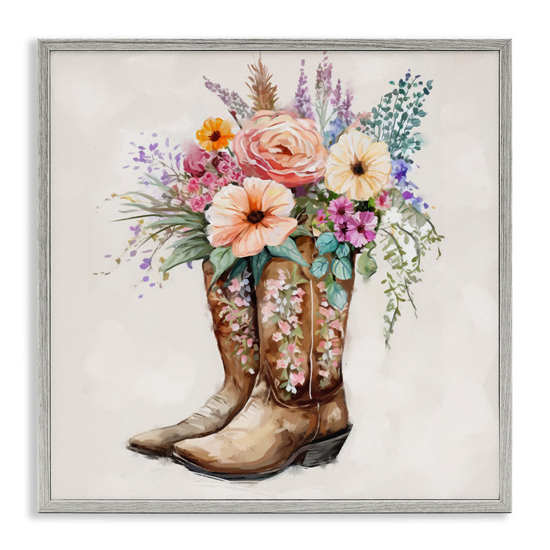 "Country Cowboy Bottes", bouquet encadré sur bois par Ziwei Li, impression, H 24 po x l 24 po, Estampe numérique Farmhouse