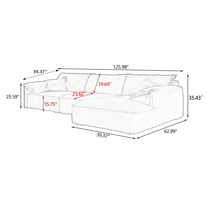 Canapé modulaire 2 pièces rembourré, 35.43" H x 125.98" W x 62.99" D, Orienté à droite
