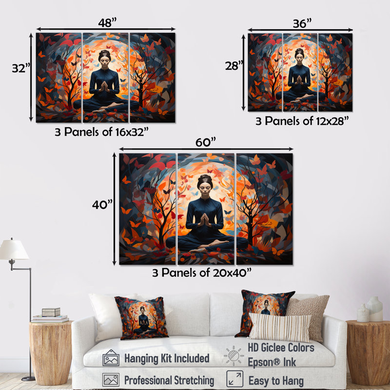 «Blue and Orange Yoga Bliss 3 - Yoga, art mural», Toile tendue, H 32 po x l 48 po