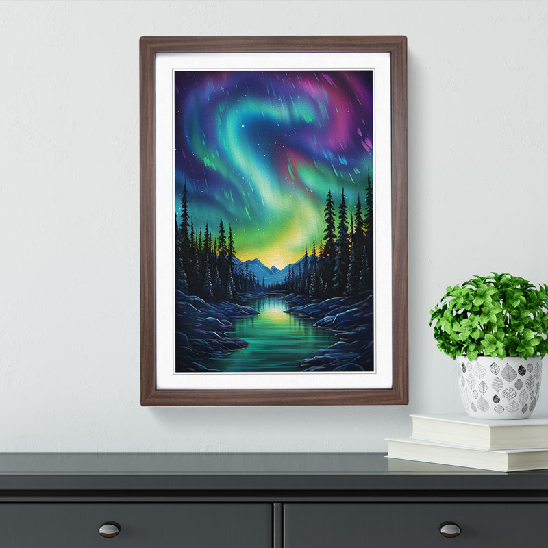 Northern Lights Modern - Single Picture Frame Print on Wood, 64cm H x 46cm W x 2cm D, Walnut